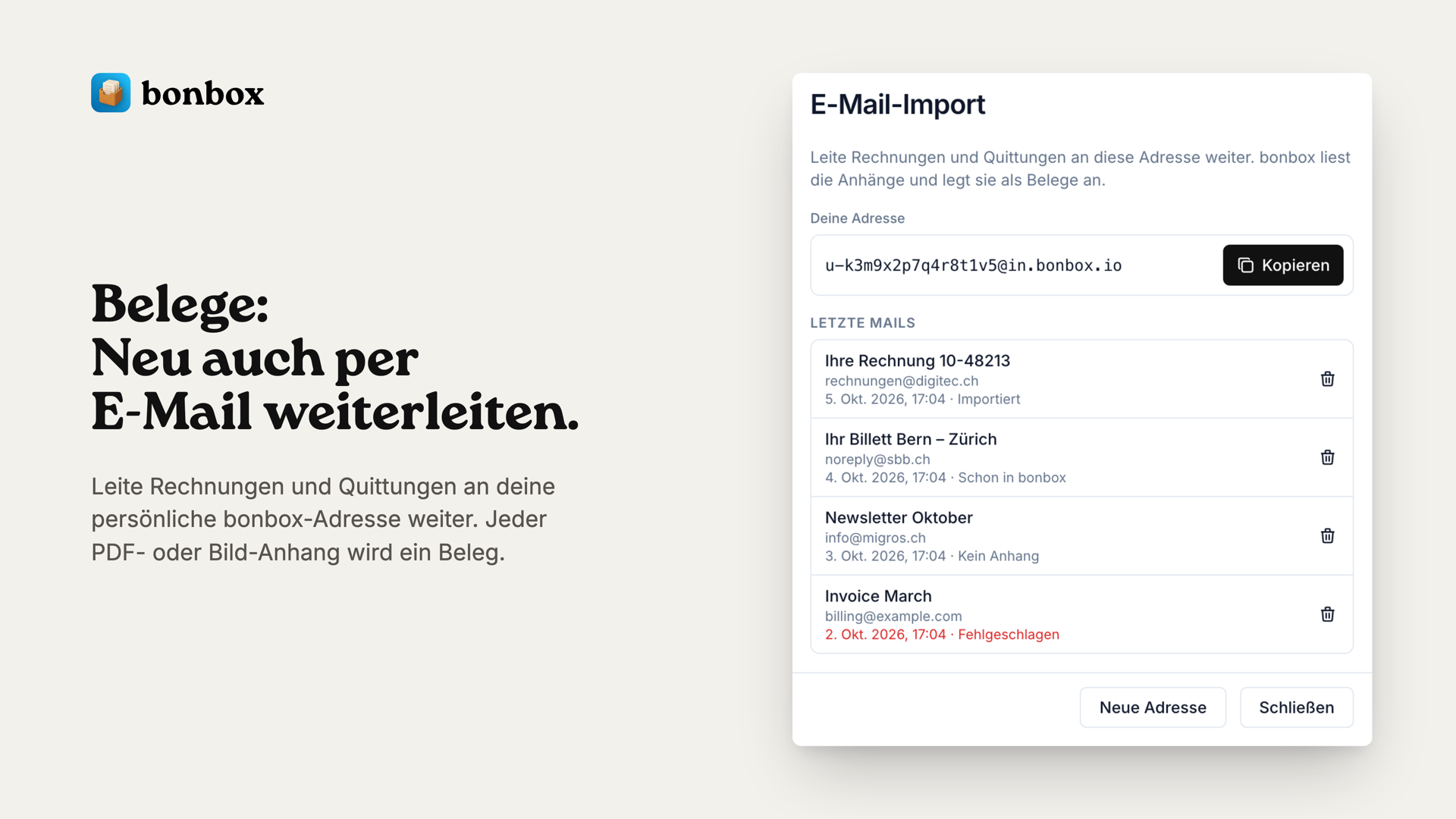 Dialog E-Mail-Import mit der persönlichen bonbox-Adresse und den letzten weitergeleiteten Mails