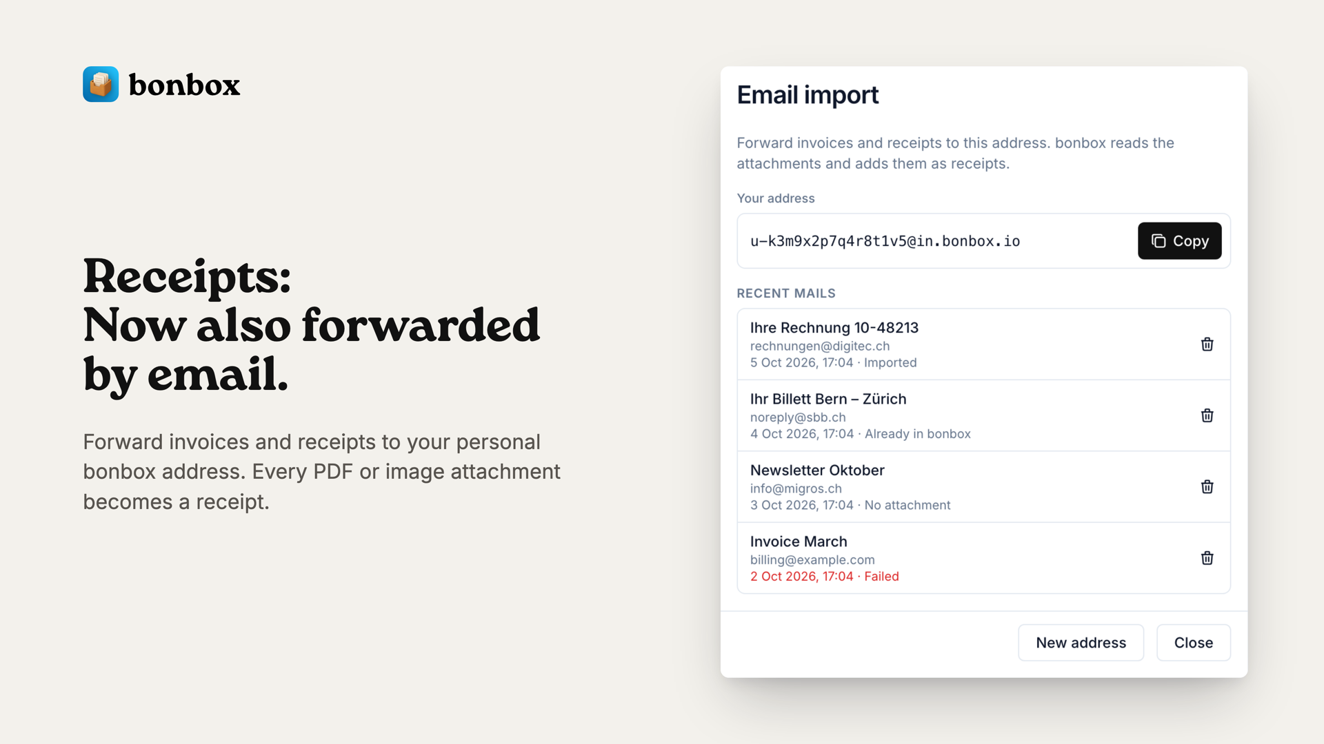 Email import dialog with the personal bonbox address and recently forwarded mails
