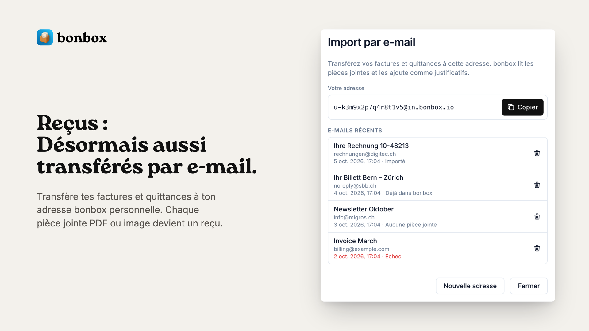 Fenêtre Import par e-mail avec l'adresse bonbox personnelle et les derniers e-mails transférés