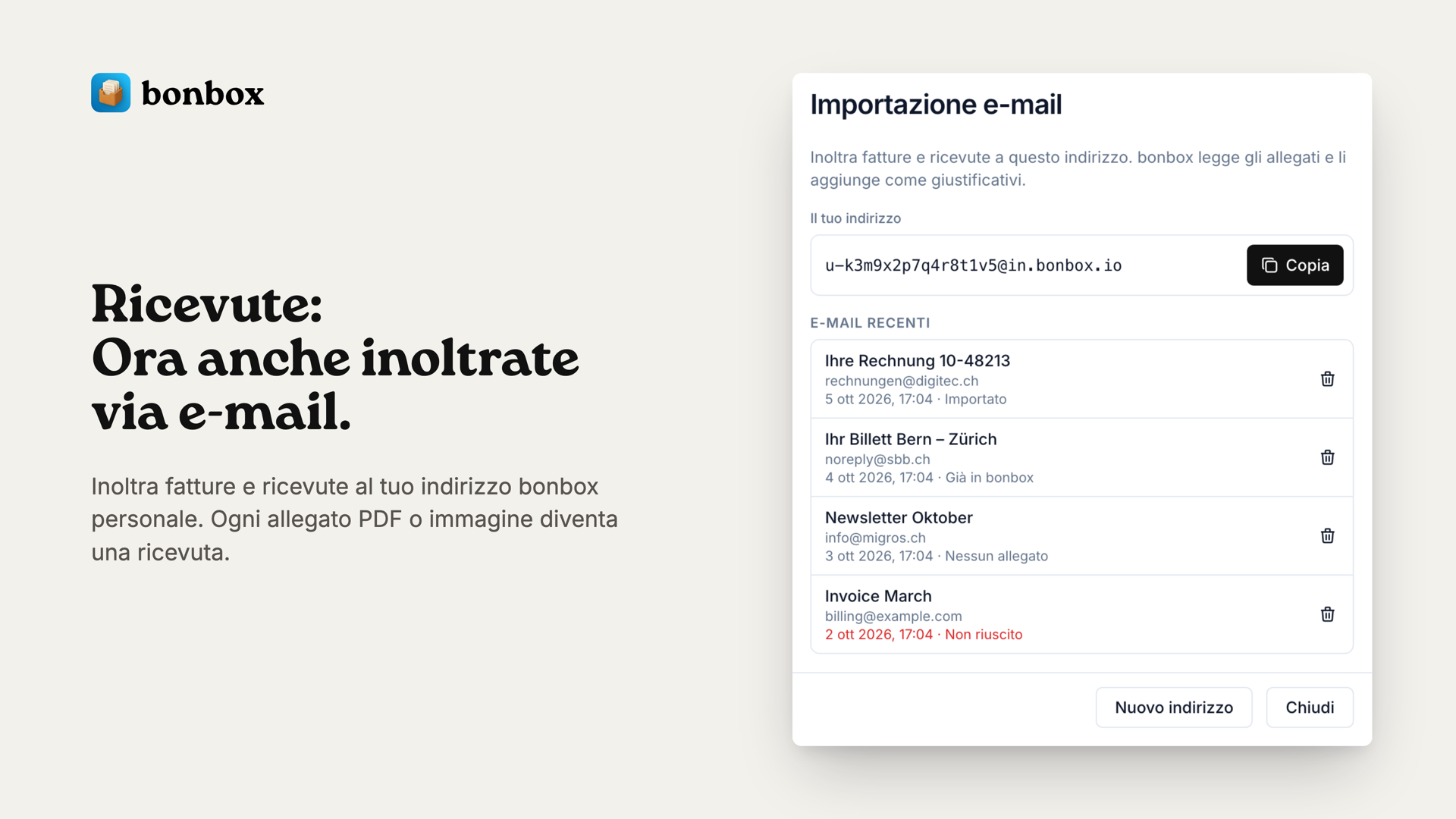 Finestra Importazione e-mail con l'indirizzo bonbox personale e le ultime e-mail inoltrate