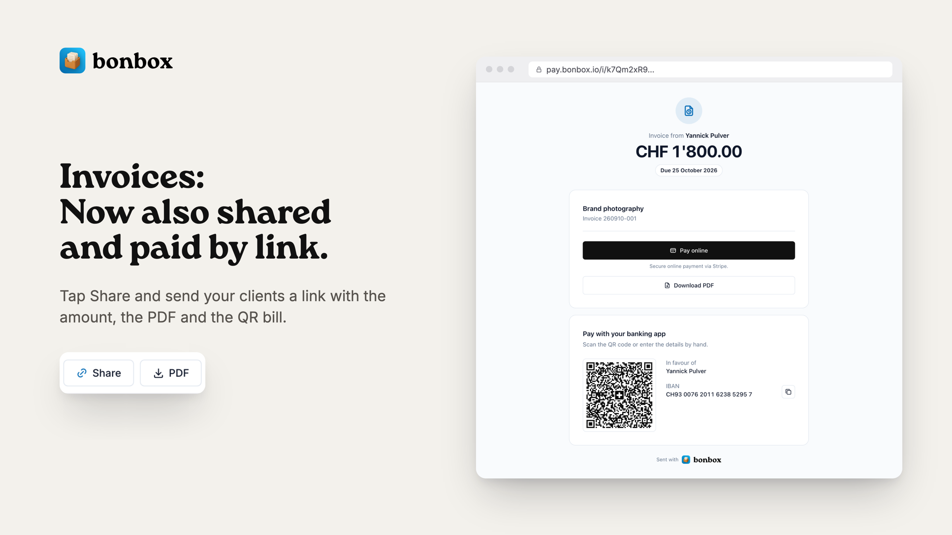 Invoice as a link on pay.bonbox.io with the amount, online payment, PDF and QR bill