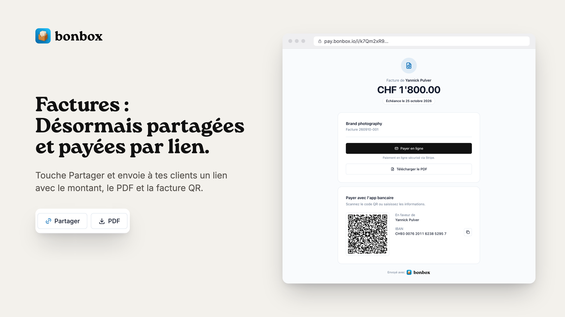 Facture sous forme de lien sur pay.bonbox.io avec le montant, le paiement en ligne, le PDF et la facture QR