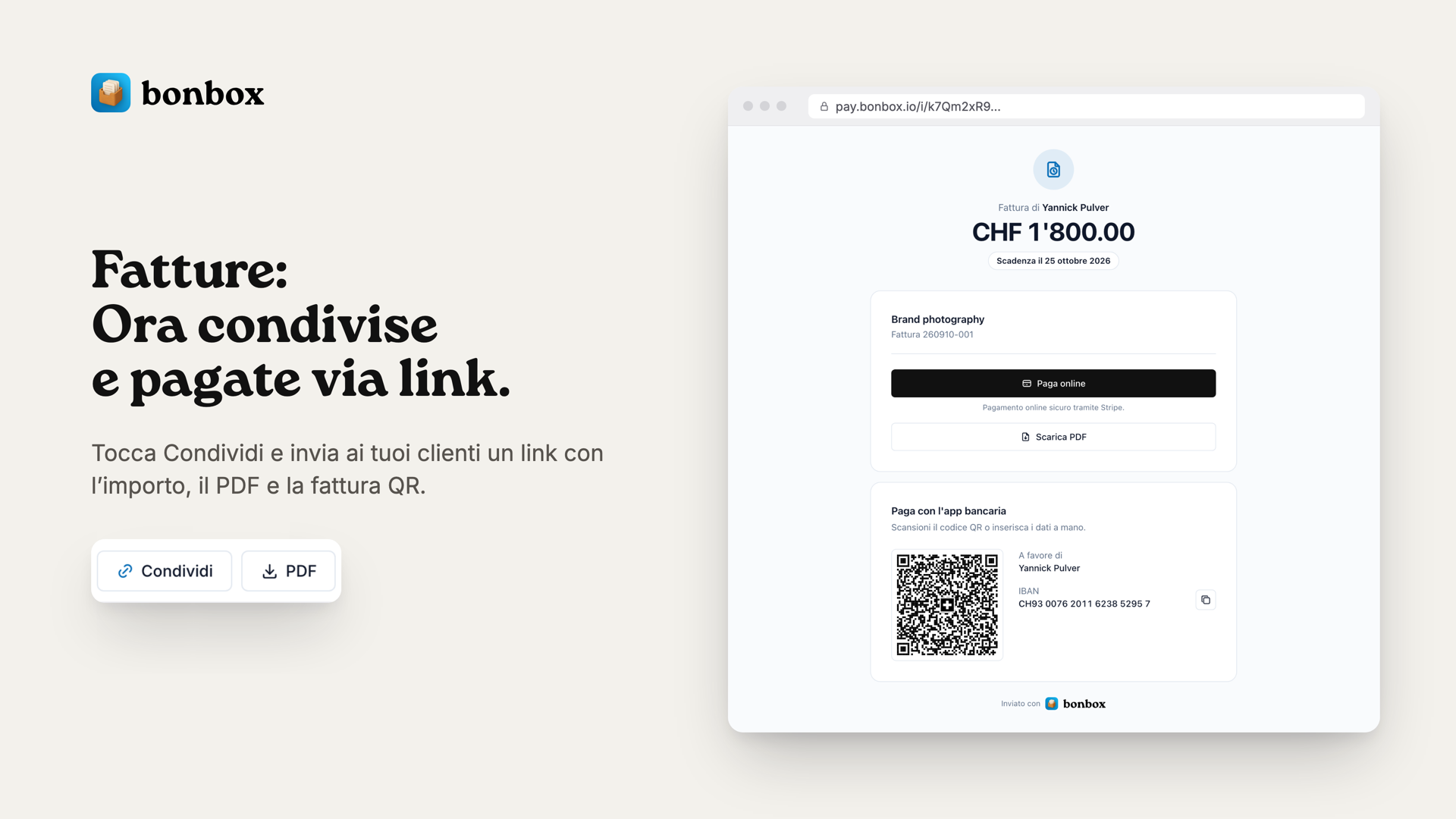 Fattura come link su pay.bonbox.io con importo, pagamento online, PDF e fattura QR
